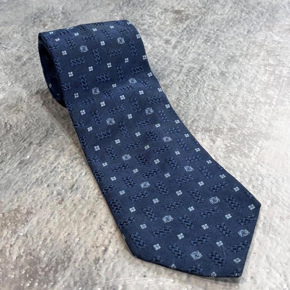 Vintage Loewe Navy Blue Silk Tie! Loewe Monogram Blue & White